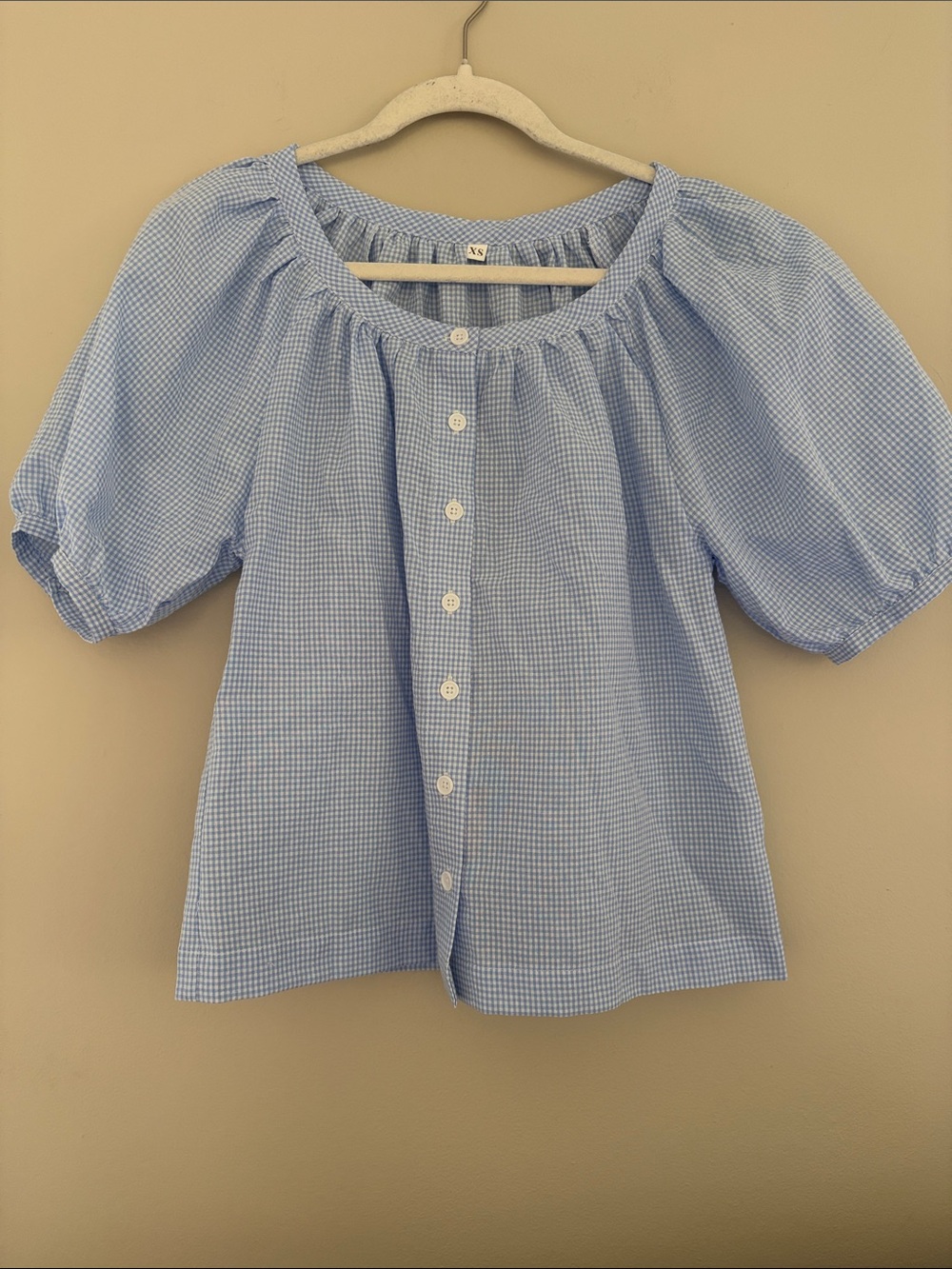 Tanming Blue Plaid Puff Short Sleeve Shirt Button Down XS